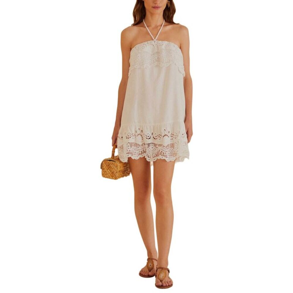 Farm Rio Womens Embroidery Guipure Off White Mini Dress